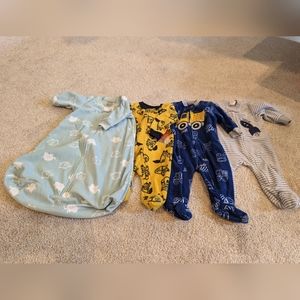 0-3 month 3 fleece suits and one zippered blanket